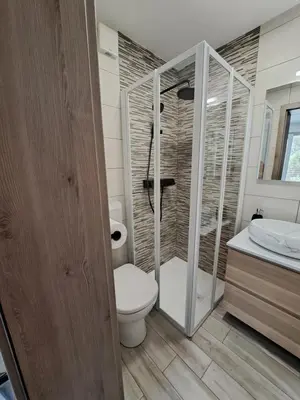a bathroom with a toilet and a shower and a sink at Apartmaji ob Savi in Bohinj