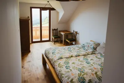 a bedroom with a bed and a desk with a window at Frešer Farm Accommodation in Zgornje Prebukovje