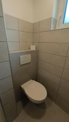 a bathroom with a white toilet in a room at Sava river house - apartments in Bled