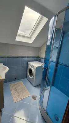 a bathroom with a shower and a washing machine at Sava river house - apartments in Bled