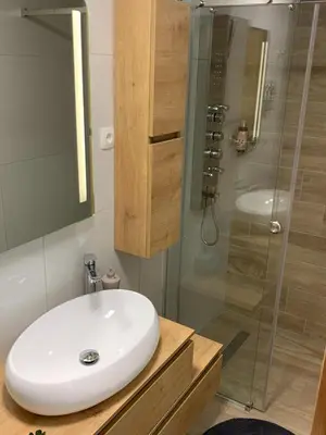 a bathroom with a white sink and a shower at Apartmaji Prʼ nas in Laško