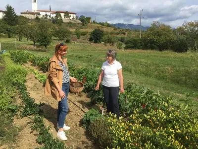 two women standing in a field of plants at MEGA in Prvačina