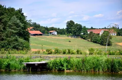 a lake with a house in the background and a farm at APARTMA KAPELSKI FANT in Sveti Jurij ob Ščavnici