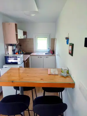 a kitchen with a wooden table and two chairs at APARTMA KAPELSKI FANT in Sveti Jurij ob Ščavnici