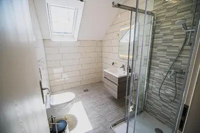 a bathroom with a shower and a toilet and a sink at Mojčin Pisker Apartment House in Kranj