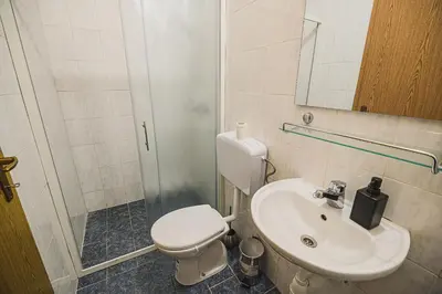 a bathroom with a toilet and a sink at Mojčin Pisker Apartment House in Kranj