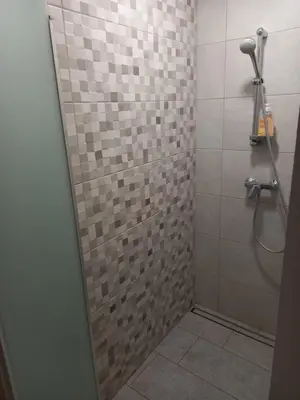 a bathroom with a shower with a tiled wall at B&B family room Tubej in Bohinj