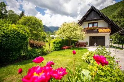 a house with pink flowers in the yard at Apartma Boltar in Bohinj