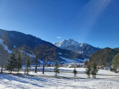 a snowy field with trees and mountains in the background at APARTMA 27 in Kranjska Gora