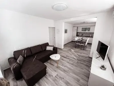 a living room with a black couch and a television at RIAD Apartments Premium in Zgornje Škofije