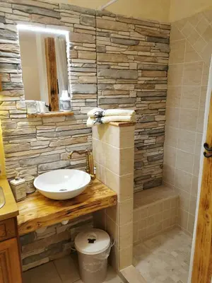 a bathroom with a sink and a toilet and a mirror at Apartmaji ARKO in Ribnica