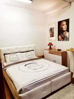 a bedroom with a white bed with a picture on the wall at Apartmaji ARKO in Ribnica