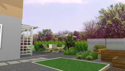 a rendering of a garden with a table and chairs at Apartmaji ARKO in Ribnica