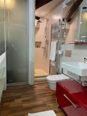 a bathroom with a shower and a sink and a toilet at AB Ljubljana - Breg Apartments in Ljubljana