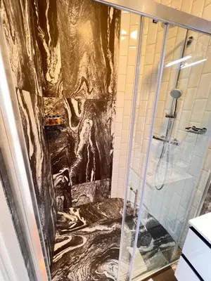 a bathroom with a shower with a painting on the wall at AB Ljubljana - Breg Apartments in Ljubljana