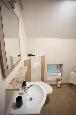 a bathroom with a white sink and a toilet at APARTMAJI HUBI in Bled