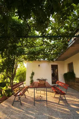 a patio with two benches and a wooden table at Apartma Pic Ros in Kojsko