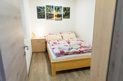 a small bedroom with a bed and a desk at Apartma pri lipi in Bohinj