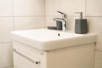 a bathroom sink with a faucet on top of it at Apartma pri lipi in Bohinj