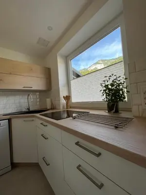 a kitchen with a large window and a sink at Pod Galetovcem in Bohinjska Bela