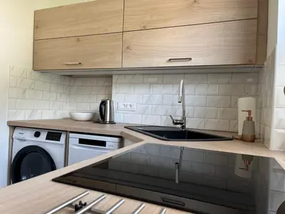 a kitchen with a sink and a washing machine at Pod Galetovcem in Bohinjska Bela