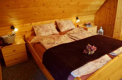 a bedroom with a bed in a wooden room at Posestvo Brinje in Gradiček