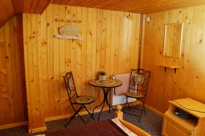 a room with a table and chairs in a cabin at Posestvo Brinje in Gradiček