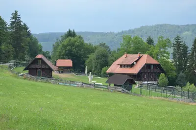 a couple of buildings in a field with trees at Posestvo Brinje in Gradiček