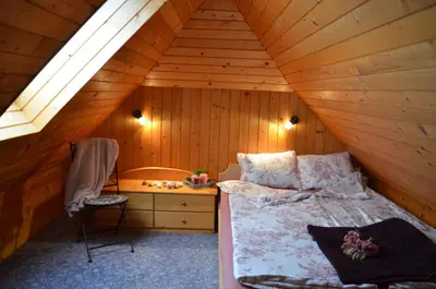 a bedroom with a bed and a desk in a attic at Posestvo Brinje in Gradiček