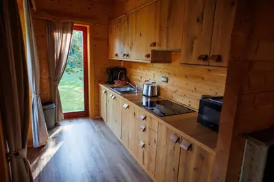 a kitchen with wooden cabinets and a stove in a cabin at Lake Cottage - Koča ob jezeru in Nazarje
