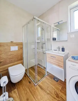 a bathroom with a shower and a toilet and a sink at Apartments Trnovo in Ljubljana