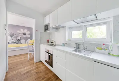 a white kitchen with white cabinets and a sink at Apartments Trnovo in Ljubljana