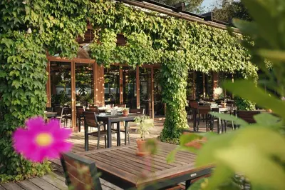 an outdoor patio with tables and chairs and ivy at Garden Village Bled in Bled
