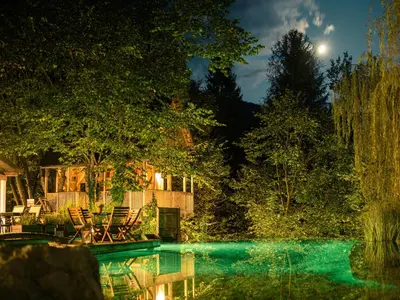 a swimming pool at night with two chairs next to it at Garden Village Bled in Bled