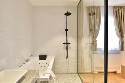 a bathroom with a shower and a tub and a sink at Hisa 1624 - Adults Only in Zgornja Kungota