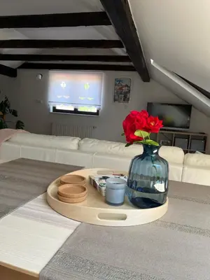 a table with a vase with red roses on it at Riverside Villa Avo - Apartment Sara in Spodnja Idrija