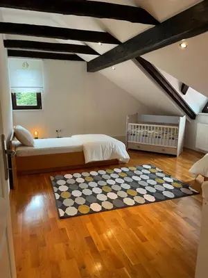 a bedroom with a bed and a checkered rug at Riverside Villa Avo - Apartment Sara in Spodnja Idrija