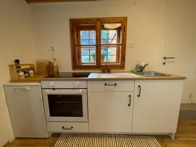 a kitchen with a sink and a stove at Chalet Hike&Bike above Bohinj valley in Bohinj