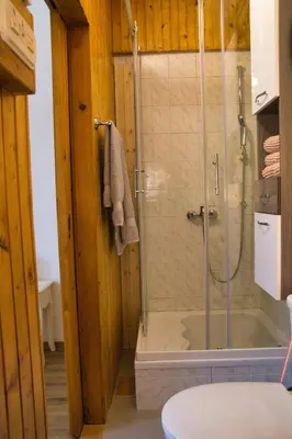 a bathroom with a shower with a glass door at Apartma Vila Kočna in Zgornje Jezersko