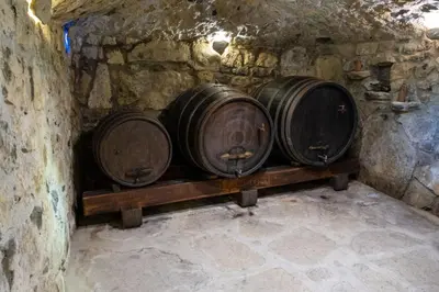 a group of barrels sitting on a shelf in a cave at Zerko Holiday Home - Vineyard Chalet With Sauna and Jacuzzi FREE in Mirna