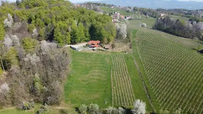 an aerial view of a farm house in a field at Vineyard cottage Skriti raj in Leskovec pri Krškem