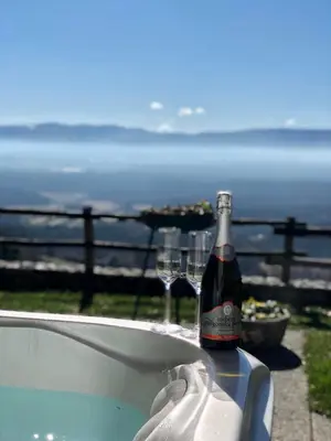 a bottle of wine sitting on a tub with two glasses at Vineyard cottage Skriti raj in Leskovec pri Krškem