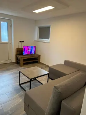 a living room with a couch and a tv at Apartma Ročica Dejan Uršič sobodajalec in Kobarid