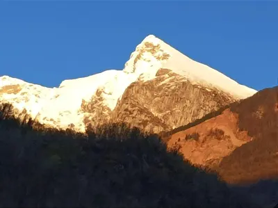 a snow covered mountain with trees in front of it at Apartma Ročica Dejan Uršič sobodajalec in Kobarid
