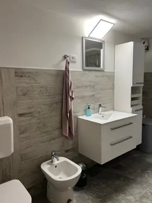 a bathroom with a white sink and a toilet at Apartma Ročica Dejan Uršič sobodajalec in Kobarid