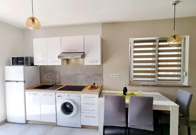 a kitchen with white cabinets and a sink and a dishwasher at Villa Ines in Zgornje Škofije