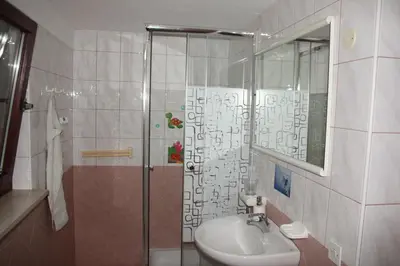 a bathroom with a sink and a glass shower at Fantastic Apartment Brglez in Bohinjska Bela