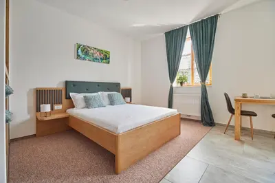 a bedroom with a bed and a table and a desk at Ob Krki Apartments and GYM in Kostanjevica na Krki