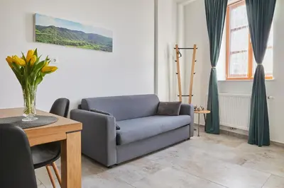 a living room with a chair and a table at Ob Krki Apartments and GYM in Kostanjevica na Krki