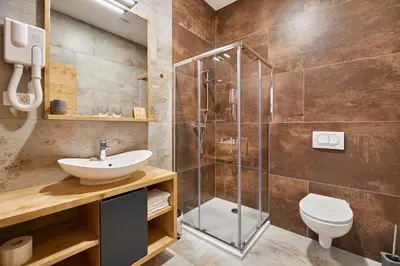 a bathroom with a shower and a sink and a toilet at Ob Krki Apartments and GYM in Kostanjevica na Krki